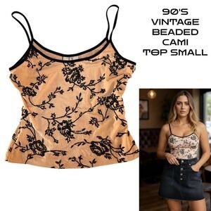 90'S VINTAGE BEIGE BLACK BEADED CAMI TOP TANK SMALL